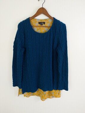 Suzanne Betro Layered Cable Knit Sweater Top Floral Tunic Hem Size Medium